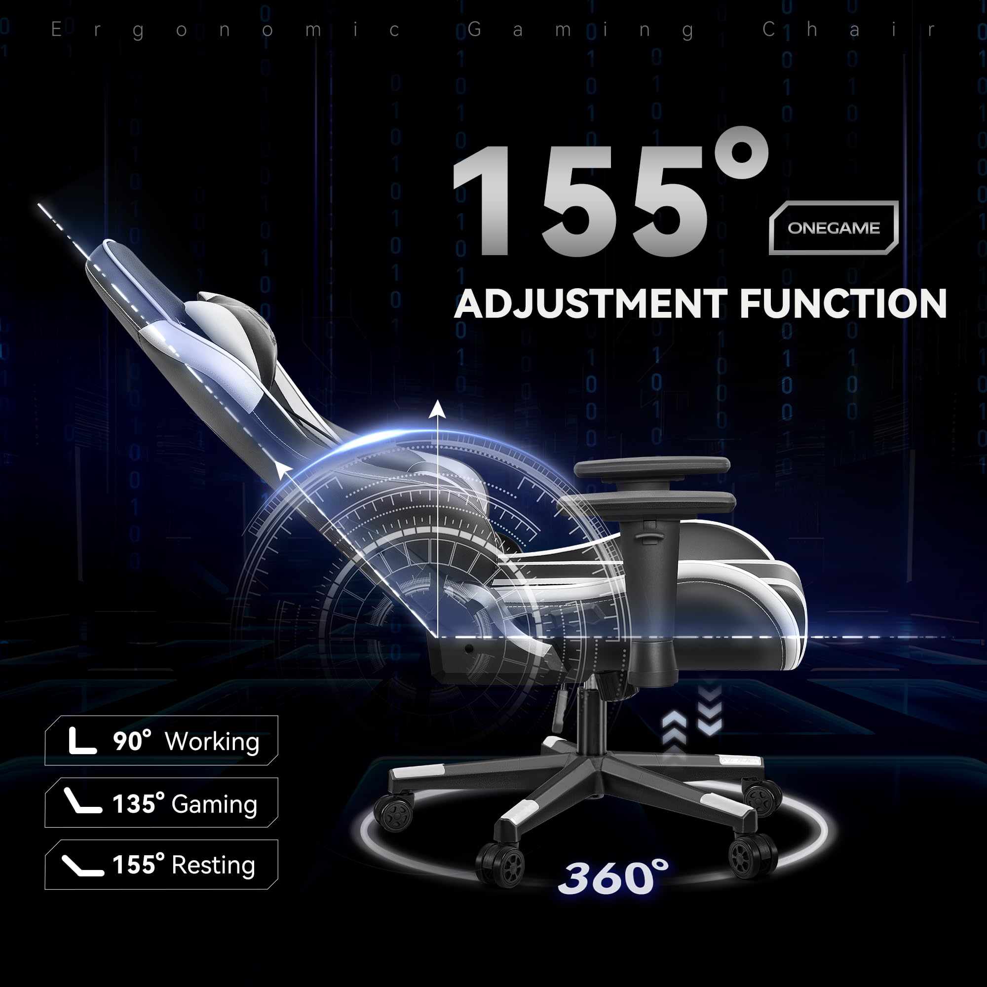 OneGame Sedia Gaming, 3D Braccioli Ergonomico Sedia da Gioco per Computer, Ufficio Regolabile in Altezza, Girevole con Cchienale Regolabile 155°, Bianco