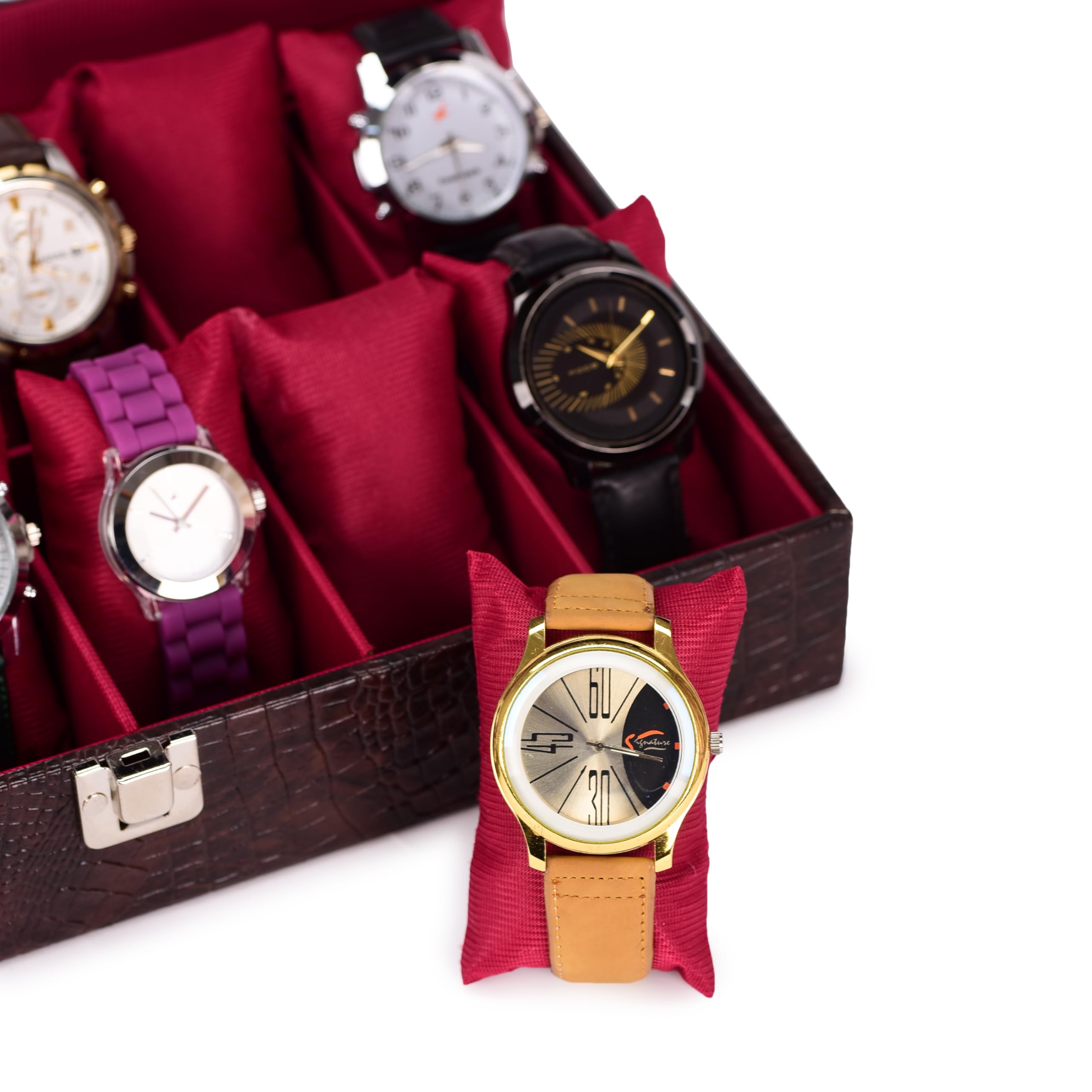 ZENWOOD Caja organizadora de relojes de piel sintética con 12 ranuras para hombre y mujer (marrón::granate)