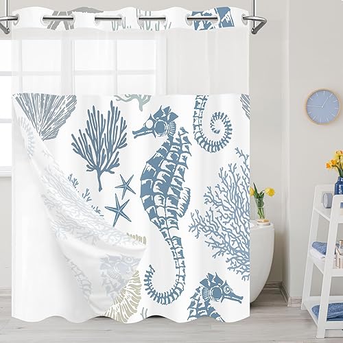 Nautical Beach - Cortina de ducha sin gancho con forro a presión, cortina de ducha costera con forro de estrellas de mar, conchas marinas, coral con