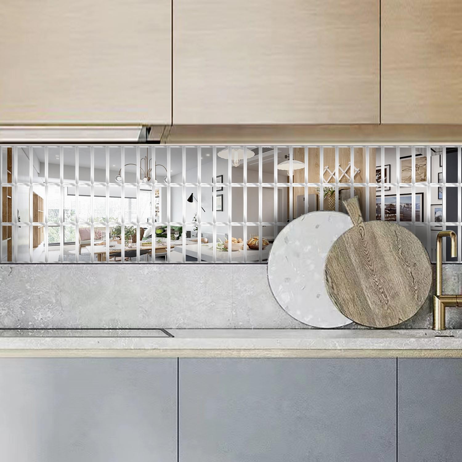 64 Pcs Peel and Stick Beveled Mirror Glass Tile.2.5x1 Inch Mirror Backsplash Tiles. Cute Mirror Strip Tile for Kitchen, Bathroom Wall. 64 Pcs