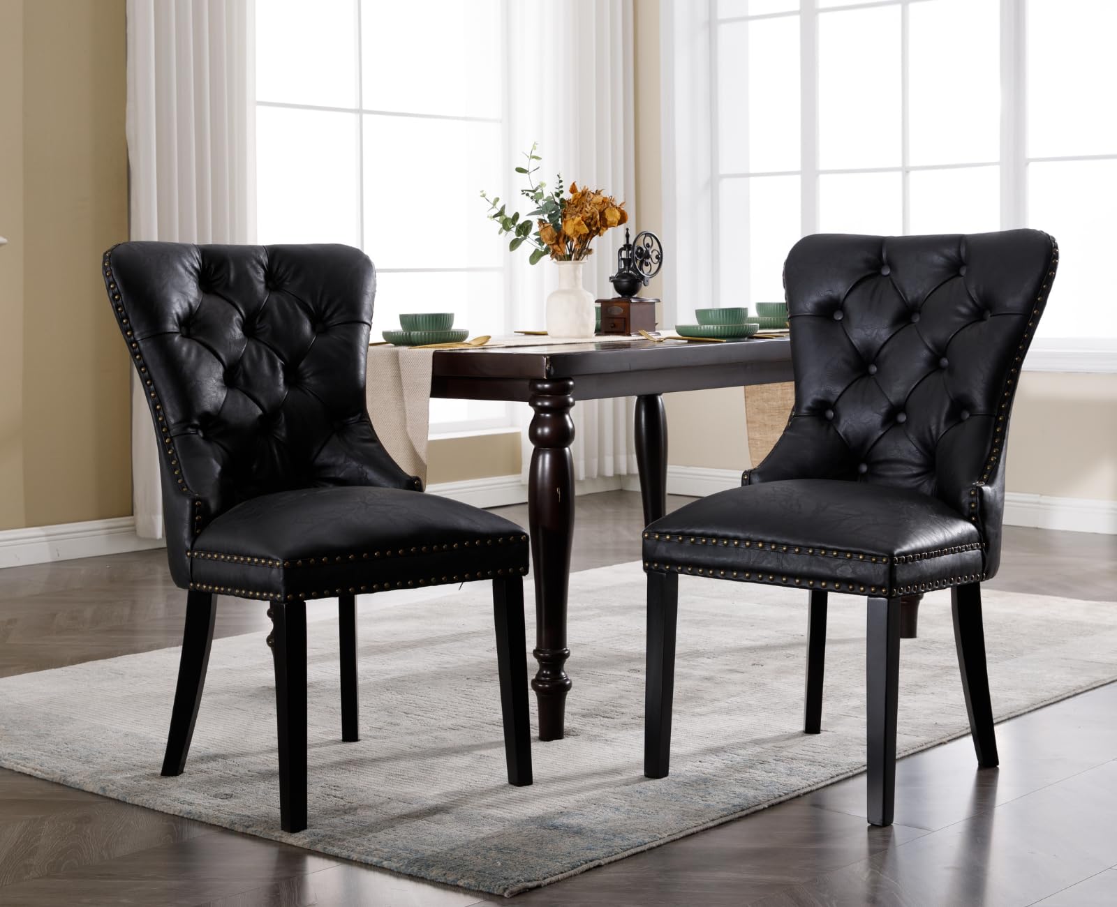 Shunzhi Black Leather Dining Chairs Set of 2 Mid Century Modern Tufted Chairs Armless Rubber Wood PU Vintage Furniture Chairs Upholstered Nailhead