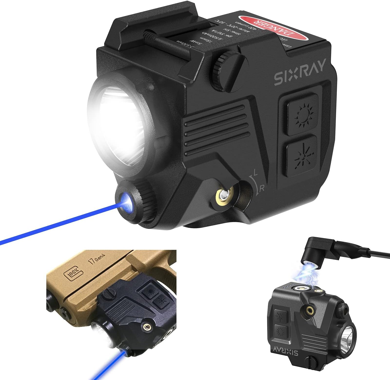 SIXRAY Pistol Light Laser Sight Gun Light 420 Lumens LED Picatinny Weaver Rail with Magnetic Charging Quick Release Strobe Function Laser Light Combo for Airsoft Handguns Pistol Rifle