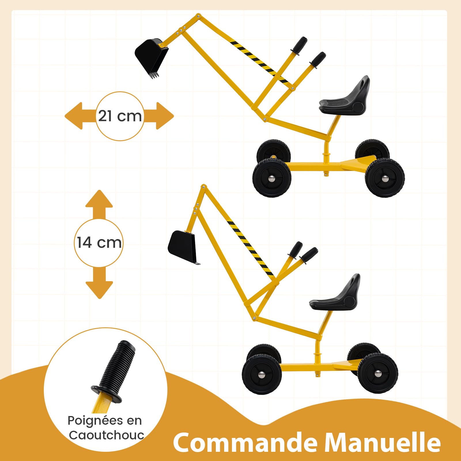 COSTWAY Pelleteuse Enfant avec Siège Pivotant à 360°& Pelle, Tractopelle pour Bac à Sable avec Cadre Métal & 4 Roues, Jouet Pelleteuse Excavatrice Manuelle pour Sable Terre Neige, 3 Ans+