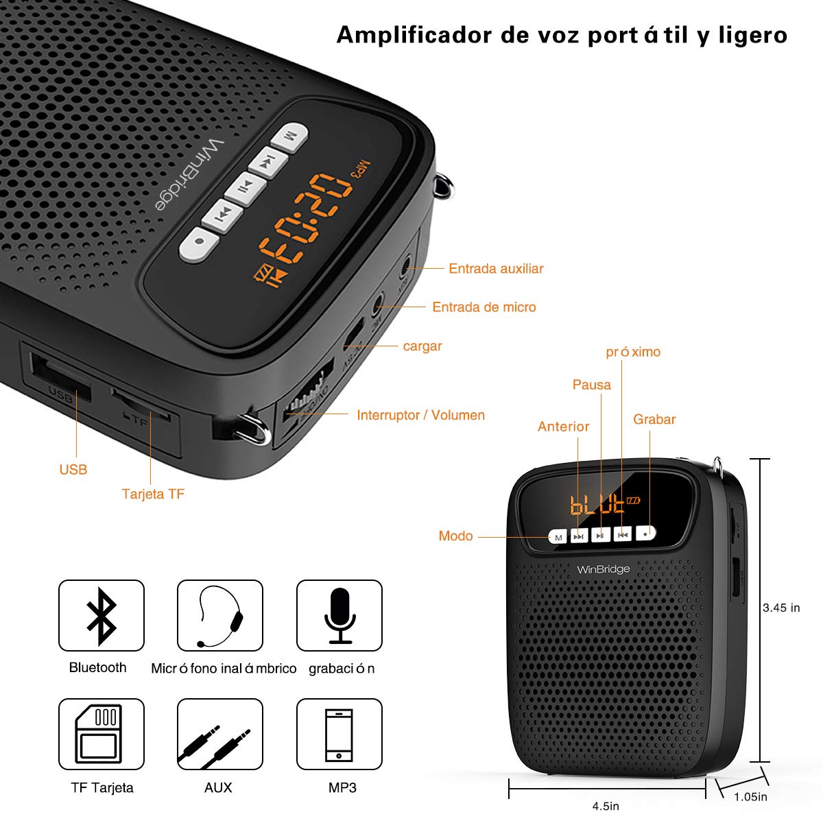 15W Amplificatore vocale Bluetooth senza fili con 2 microfoni altoparlante amplificatore portatile wireless multifunzionale da 2500 mAh ricaricabile da per insegnanti, aule, esterni, interni ecc.