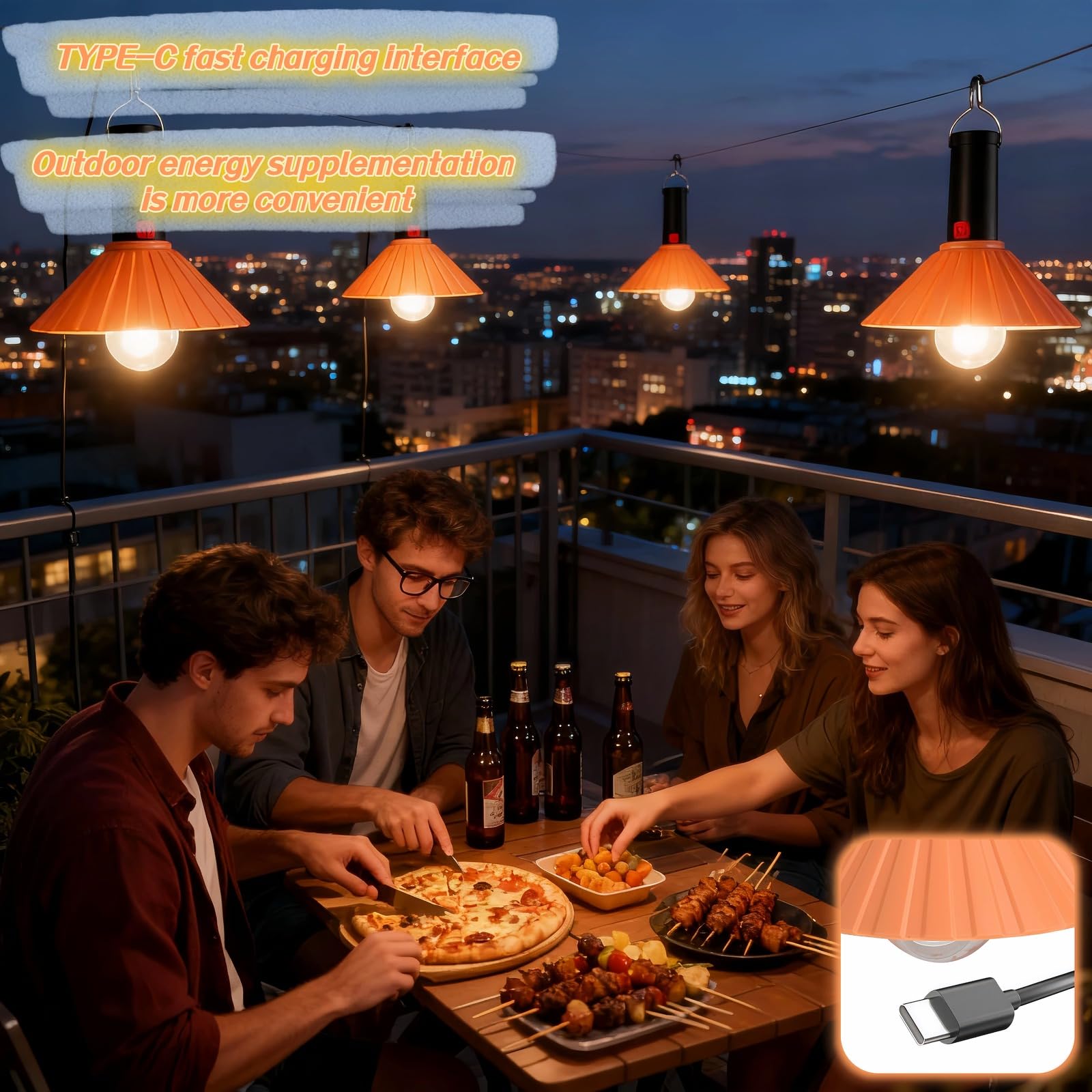 Luz LED recargable para camping, 3000 K, blanco cálido, 3 modos de brillo, IPX6 impermeable, carga USB-C, gancho desmontable, luz portátil para tienda de campaña con gancho para emergencia al aire