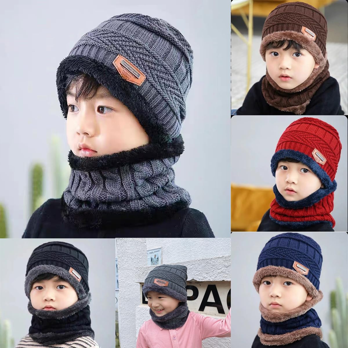 Echarpe et Bonnet Enfants,Ensemble Echarpe Bonnet pour Enfants Tricotés Hiver Bonnet Beanie Bonnet Chapeaux d'hiver,pour 5-14 Ans Garçons Filles