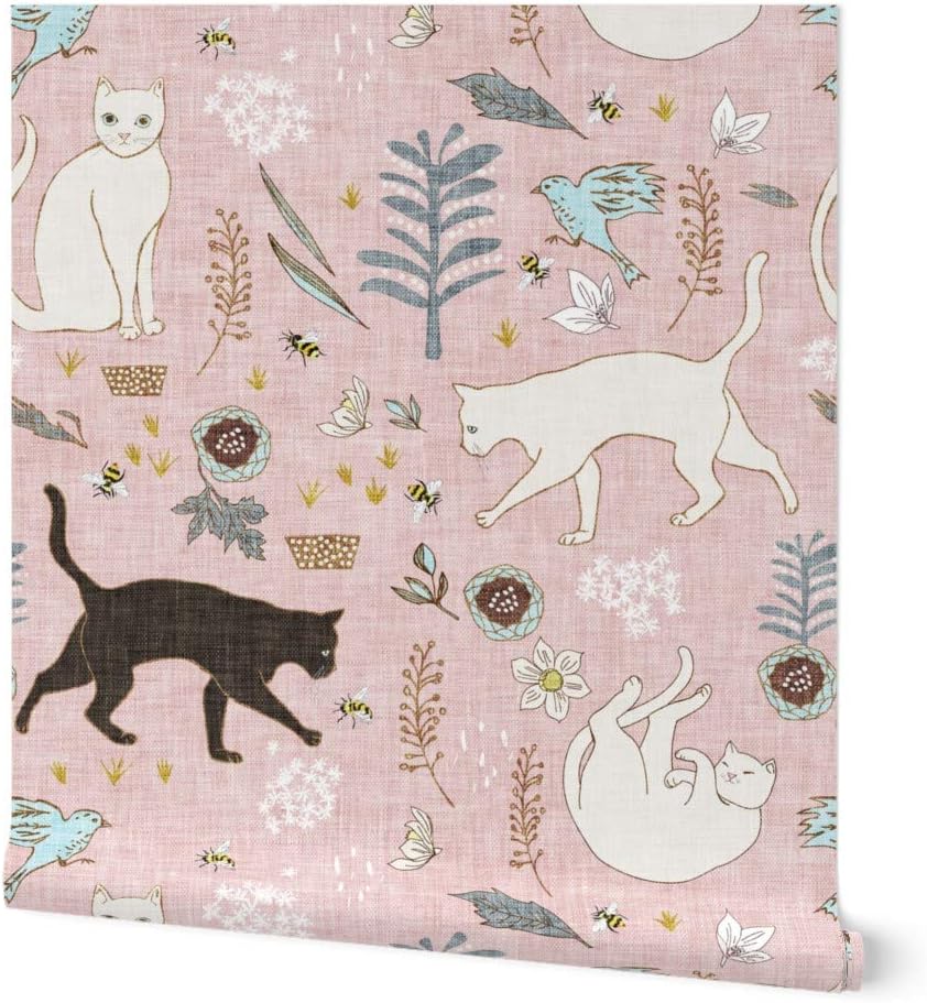 Peel & Stick Wallpaper 12ft x 2ft - Cat Bee Garden Flower Daffodil Flowers Dark Spring Summer Bird Blush Custom Removable Wallpaper by Spoonflower