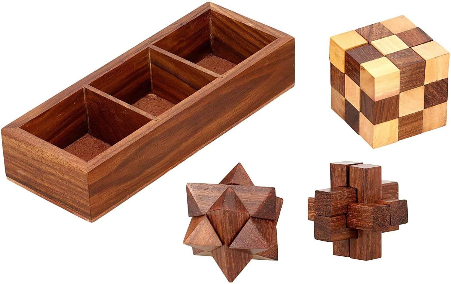 TOSQP27 Gift Wooden Brain Teaser Puzzle Set for Adults & Teens – 3-in-1 Interlocking Burr, Snake Cube & Star Puzzle with Handmade Wooden Storage Box – Mind Challenge Logic Game