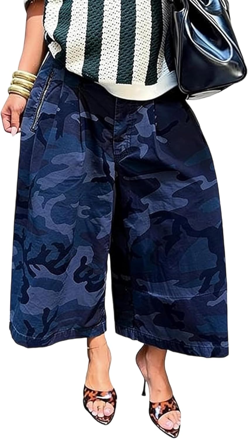 Women's Camo Barrel Jeans Baggy High Waist Wide Leg Cropped Cargo Denim Pants Plus Size Harem Capris Trendy