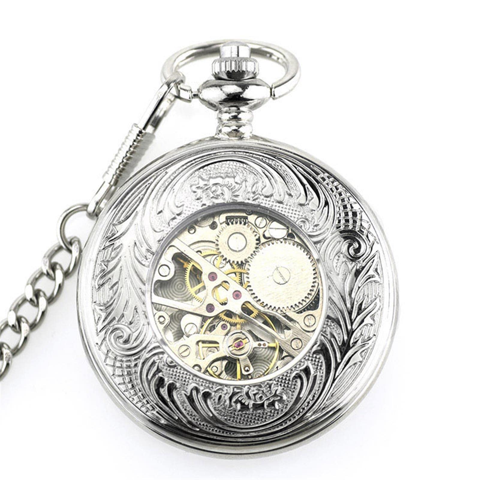 Męski zegarek kieszonkowy w stylu retro, Vintage z łańcuchem Lokomotywa Mechaniczne zegarki Złoty wisiorek z cyframi rzymskimi Zegarki damskie Naszyjnik Łańcuch prezenty w pudełku(Silver)
