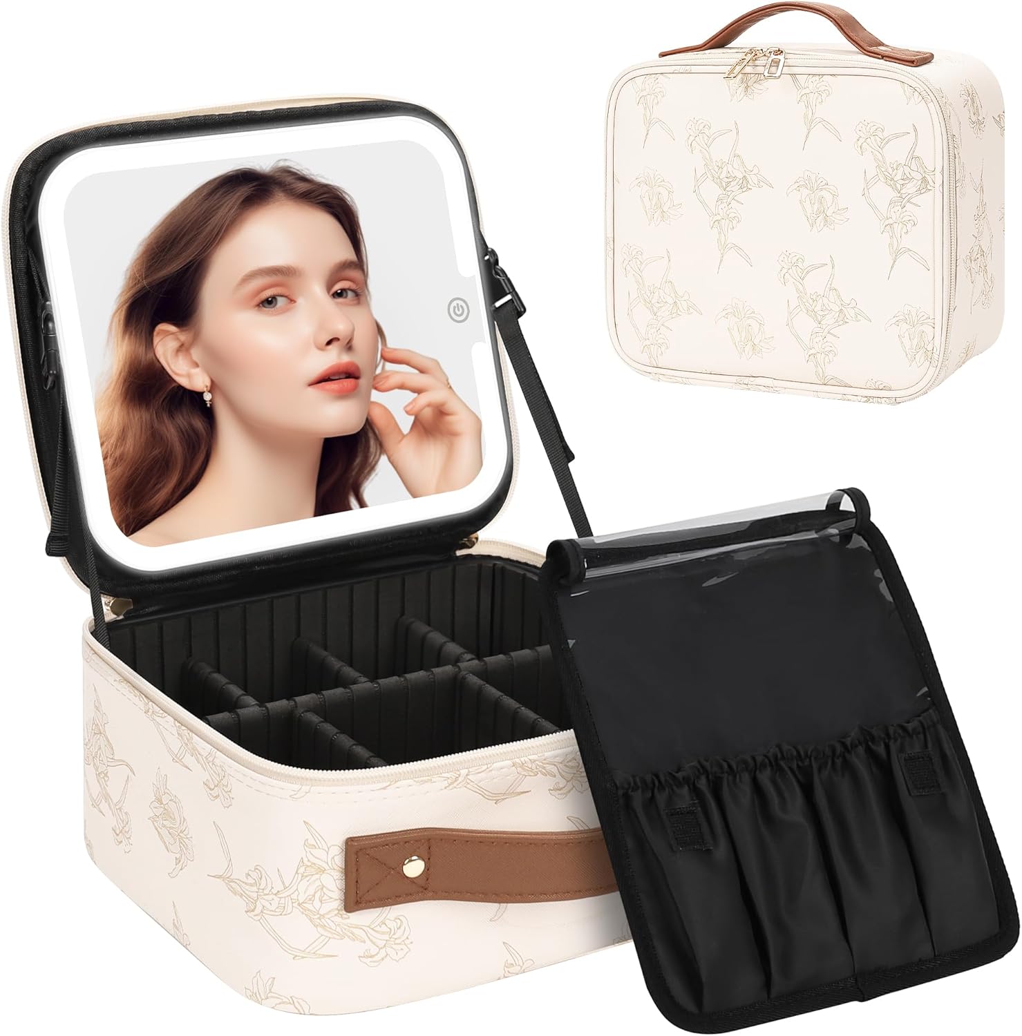 chomeiu makeup bag with led mirror, cute cosmetic bags birthday gifts for girls women, makeup train case artists organizer large make up bags with light up mirror 3 color lights, beige small 03-beige