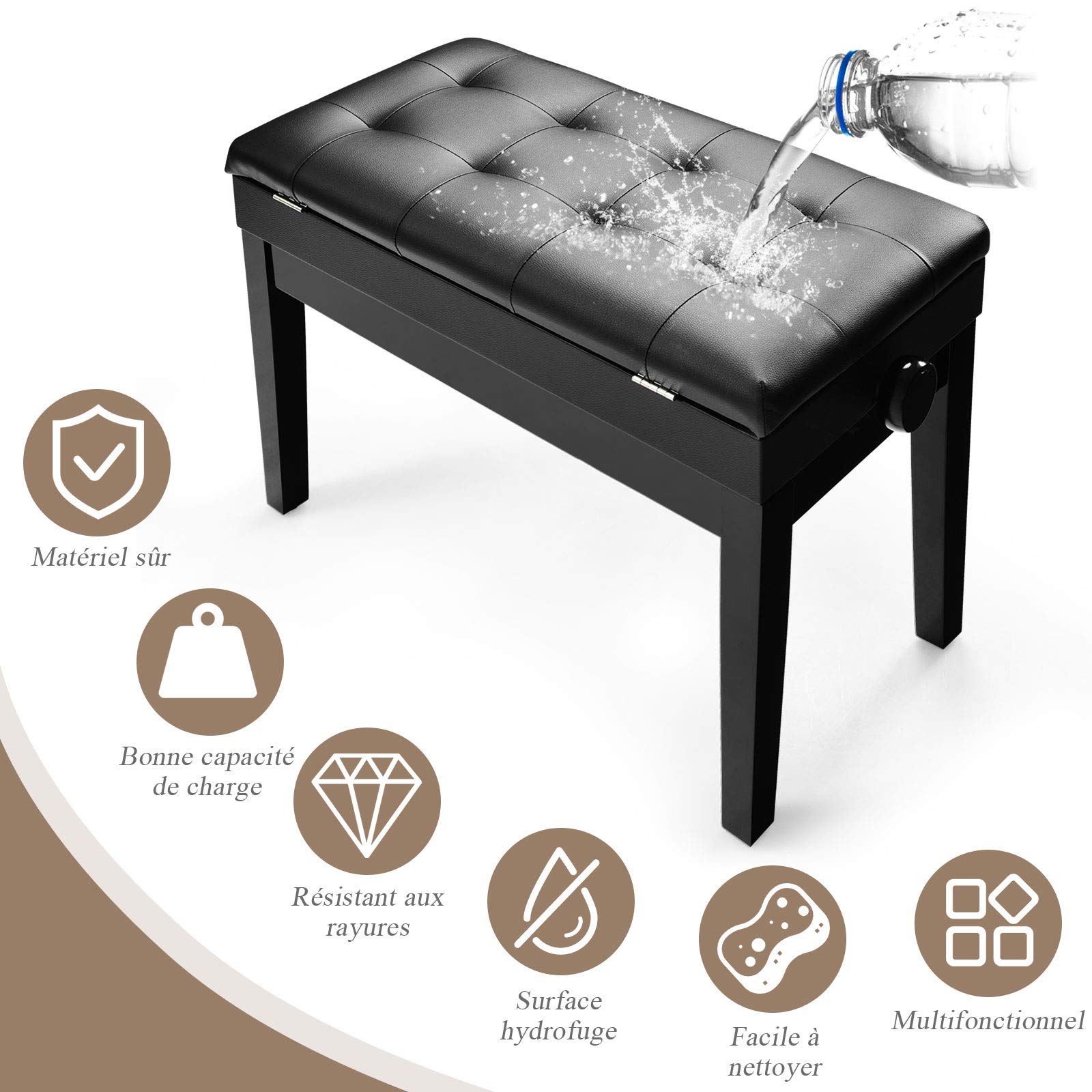 GOPLUS 45-54CM Banquette de Piano à Hauteur réglable, 2 Places, en Bois Massif, avec Coussin Doux en Cuir, Fonction de Stockage, 75 X 35 X 45-54CM, Noir