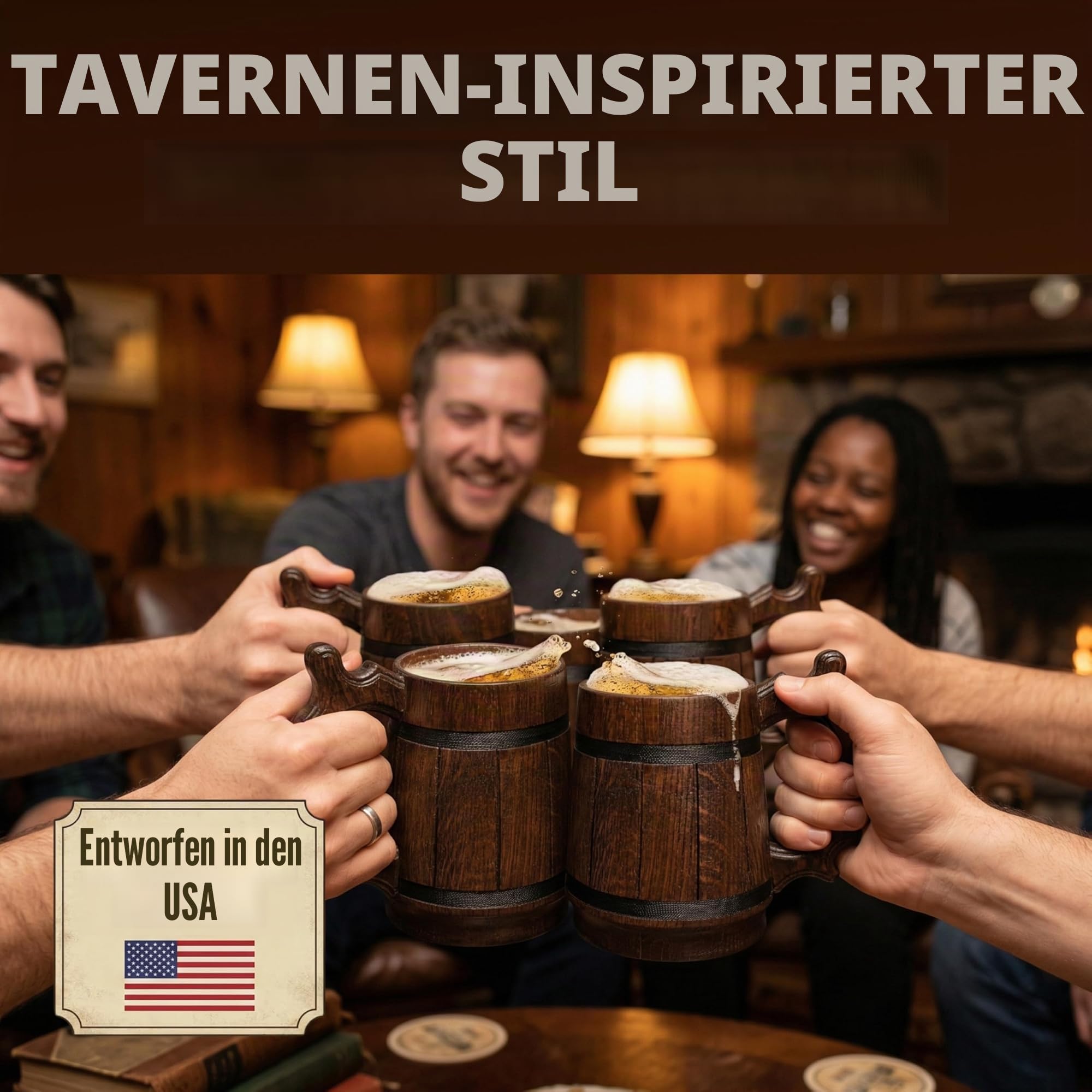 Handgefertigter Bierkrug aus Eichenholz Edelstahl Tasse Natürlich Umweltfreundlich 0,6 Liter 20 Unzen Krug Retro braun