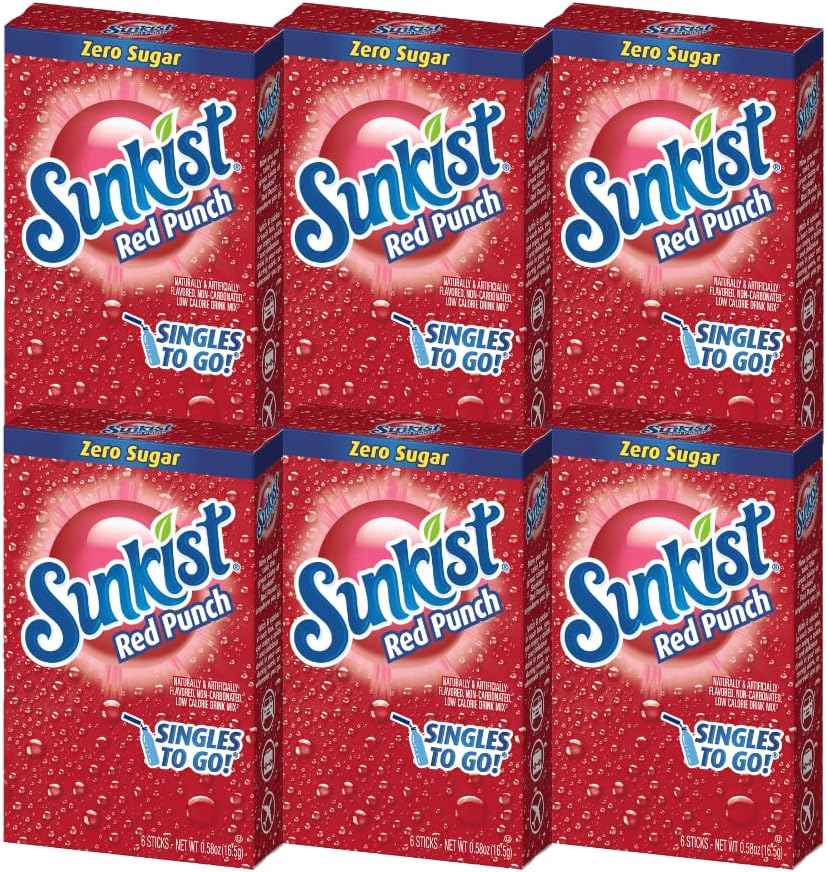 Sunkist Singles-To-Go Drink Mix, Red Punch, Non-Carbonated, Low-Calorie, Zero Sugar, 6 CT in each box (Pack of 6)