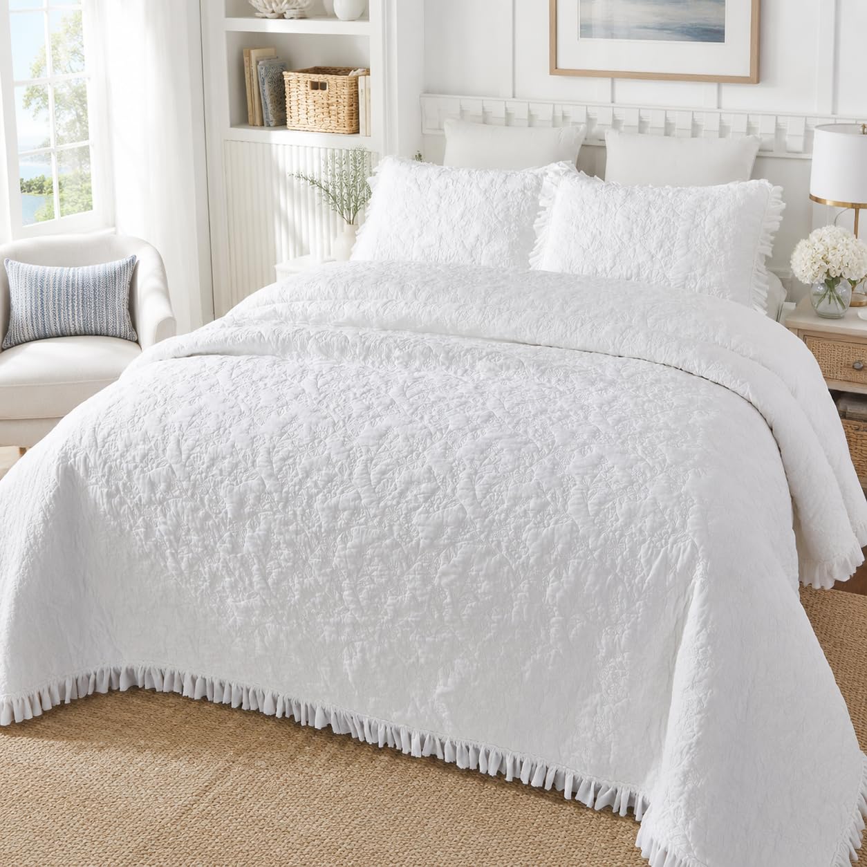Brandream Juego de Ropa de Cama de algodón Blanco sólido tamaño King, Colcha Matelasse con 2 Fundas de Almohada: Elegante Colcha con Volantes, Juego de Ropa de Cama Ligero Femenino