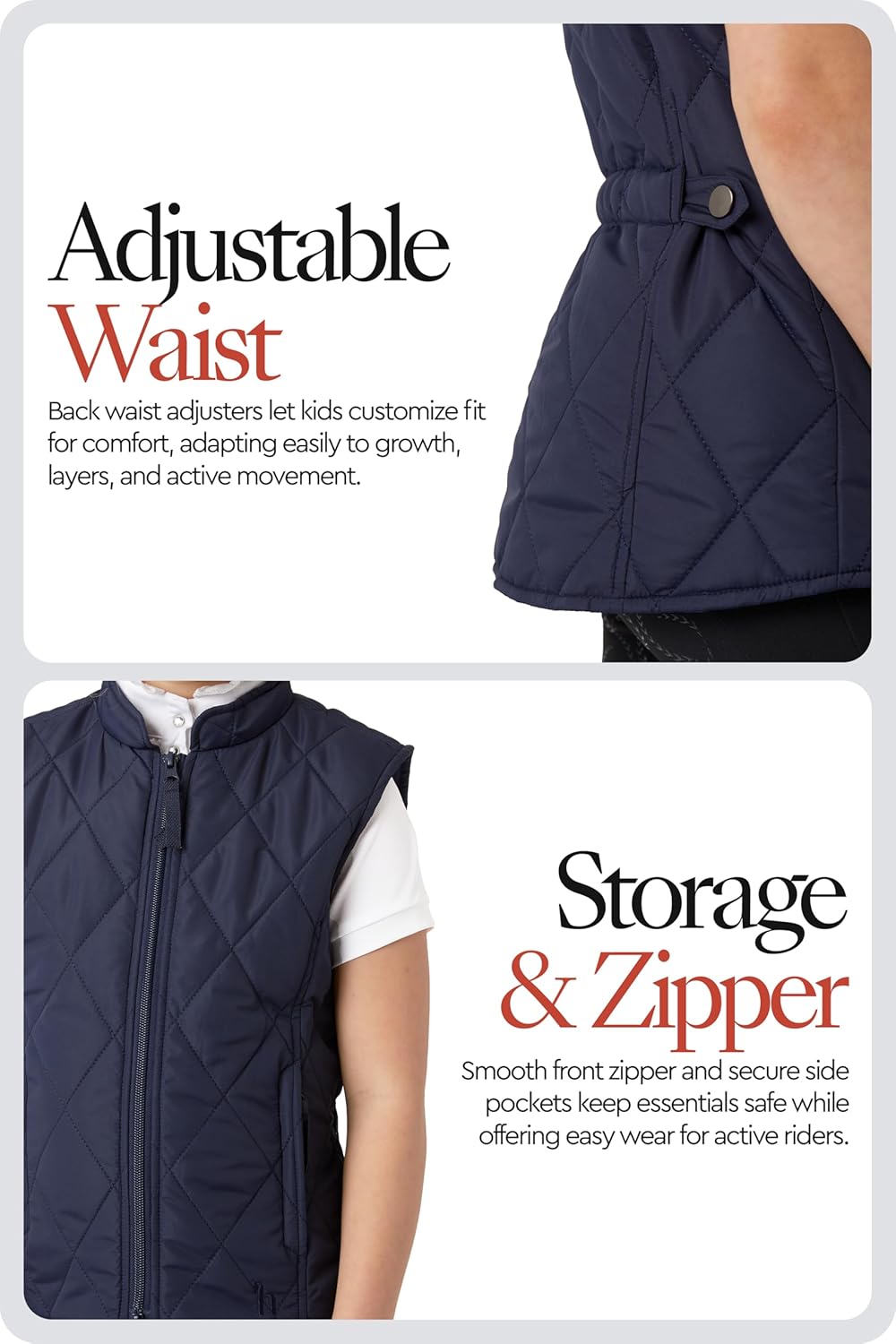 HORZE Kid's Unisex Quilted Softshell Lightweight Windproof Equestrian Riding Vest | Size Chart in Image - Image 6