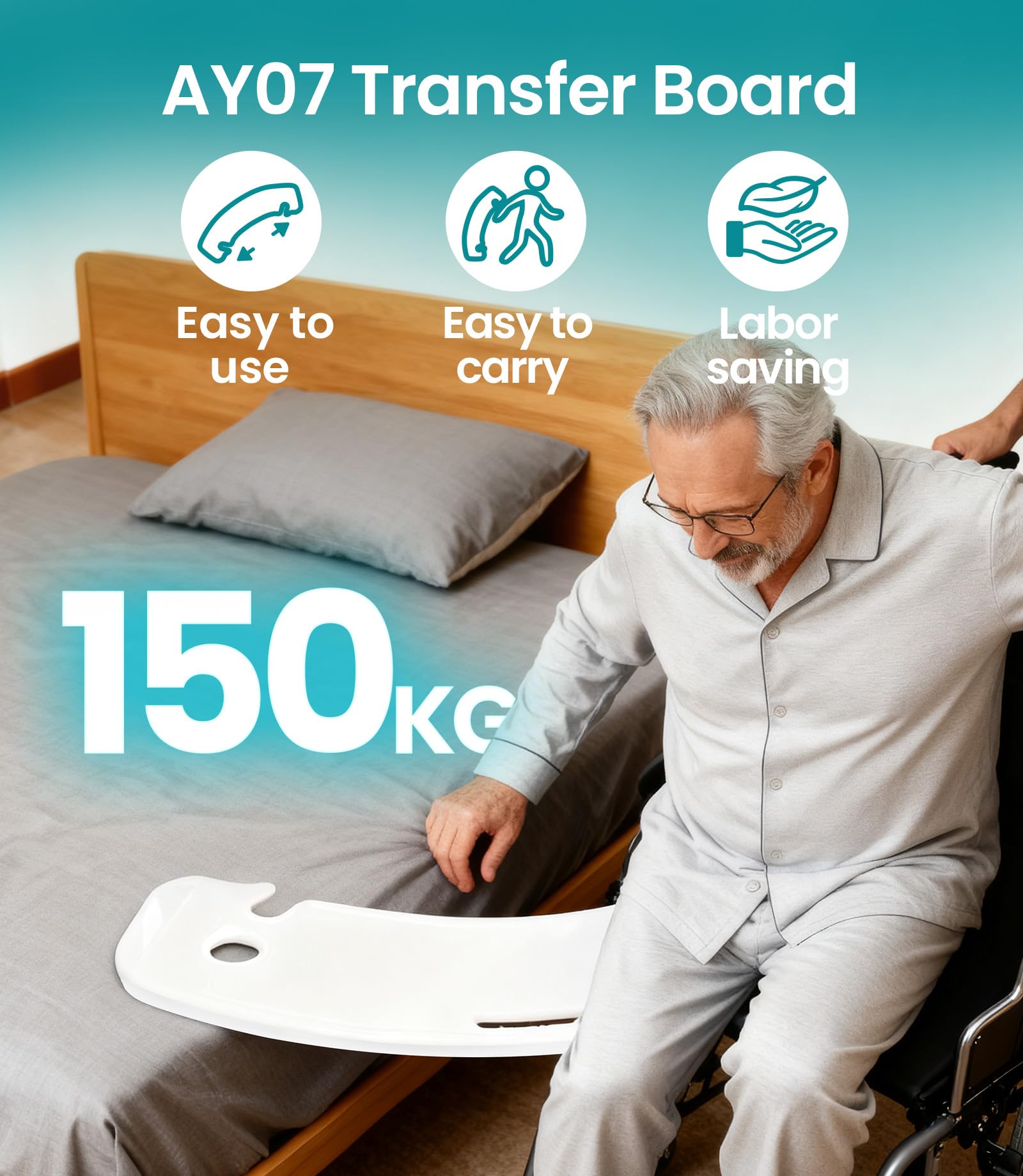 VOCIC AY07 - Tabla de transferencia para usuarios de sillas de ruedas, antideslizante, hasta 150 kg, ayuda de transferencia para pacientes en silla de ruedas, cama, inodoro con muescas, color blanco