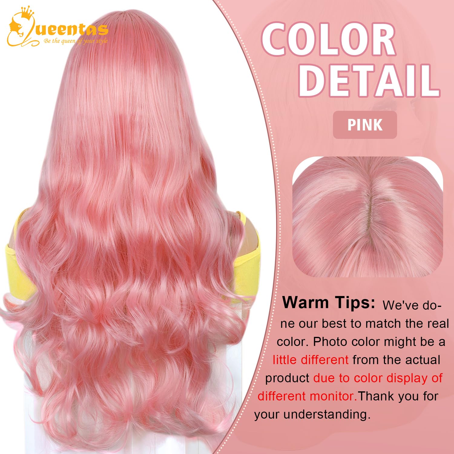 QUEENTAS Pink Long Hair Wigs - 23inch Synthetic Wavy Wigs with Bangs for Women Halloween & Cosplay, Curly - Image 4