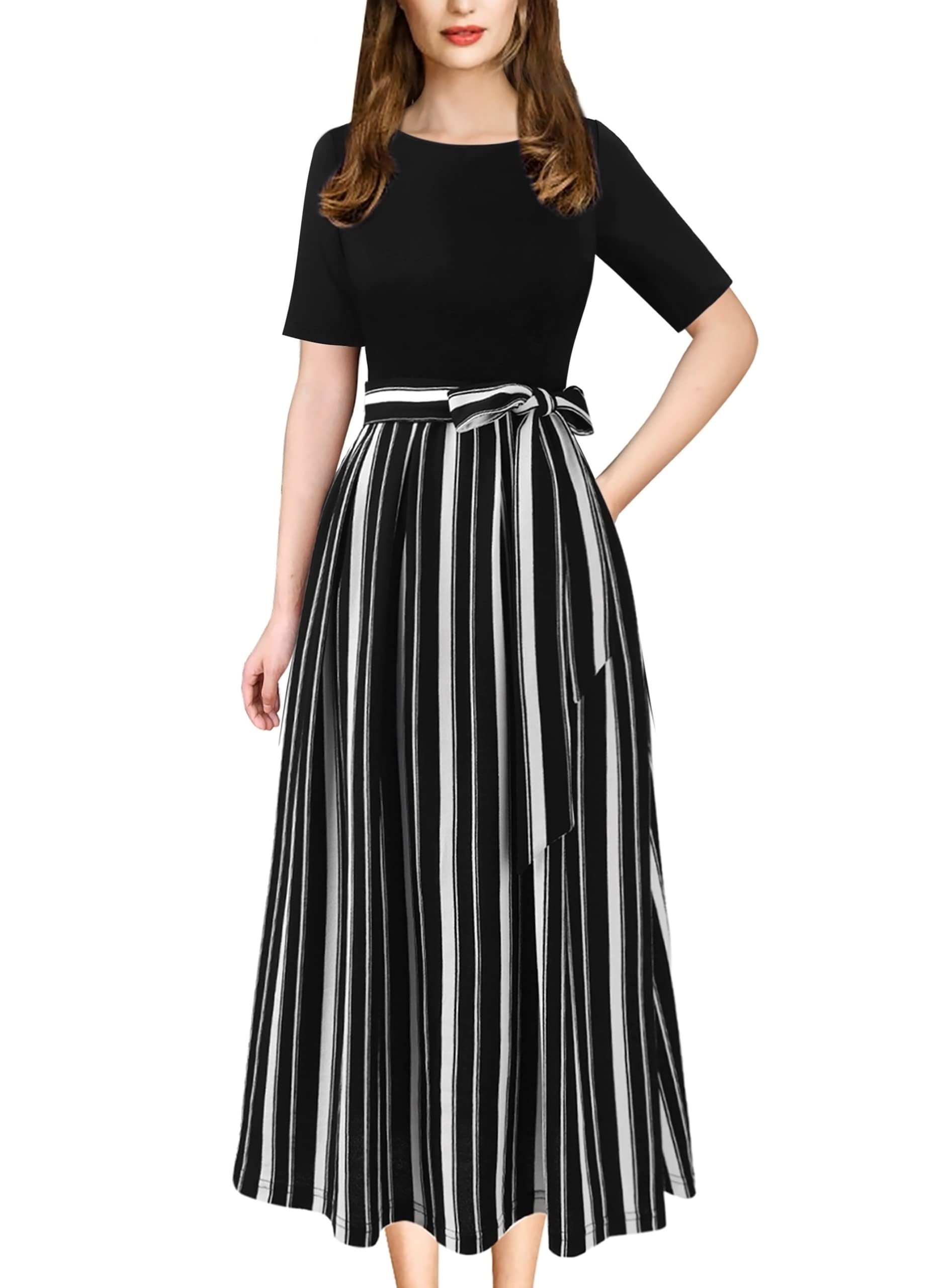 VFSHOW Womens Work Business Casual Church Pockets Belted A-Line Midi Dress