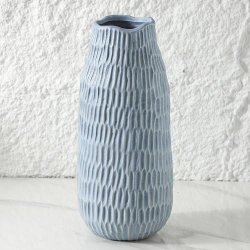 Uiddo 12.6 Inch Mat Blue Modern Handmade Ceramic Vase, Rustic Farmhouse Decorative Flower Vases for Home Decor,Pampas Grass Bouquet, Living Room,Kitchen,Office,Bedroom,Centerpiece Table Decorations