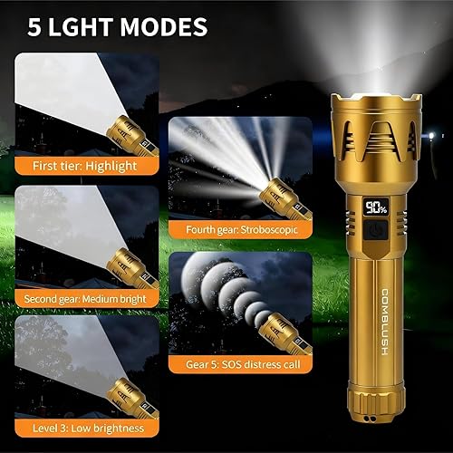 Miniatura 7 de Linterna recargable, linterna táctica impermeable, linternas LED de 3000 lm, con lente de encendido, zoom, cinco modos, con función de ventana rota,