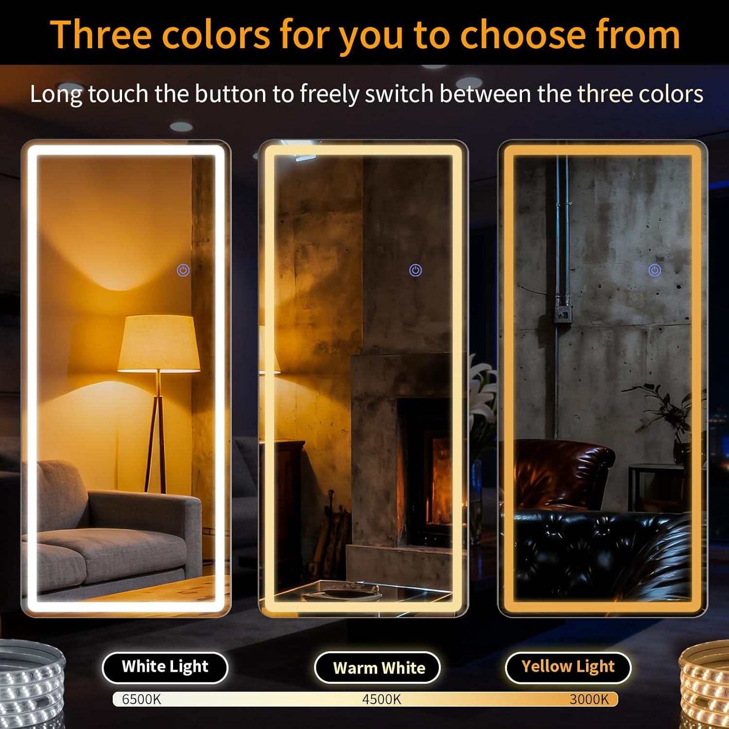 Led Mirror Full Length 16 x 60 Inch Tempered Glass Full Body Mirrors with Dimming & 3 Color Lighting Standing Leaning or Hanging Full Length led Mirrors for Bedroom Dressing Room Rect