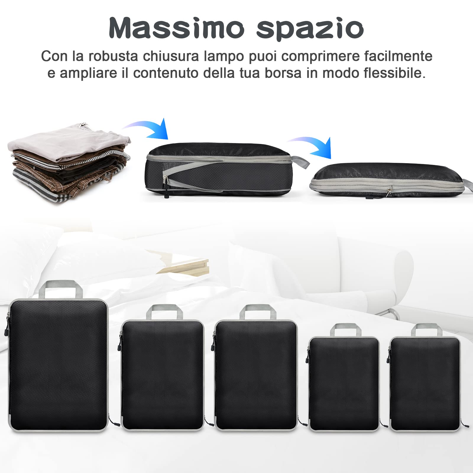 Eucomir Organizer Valigia Set di 9 Cubi da Viaggio, Sacchetti di Organizzatore Estensibile Salvaspazio, per Deposito per la Casa, Nero