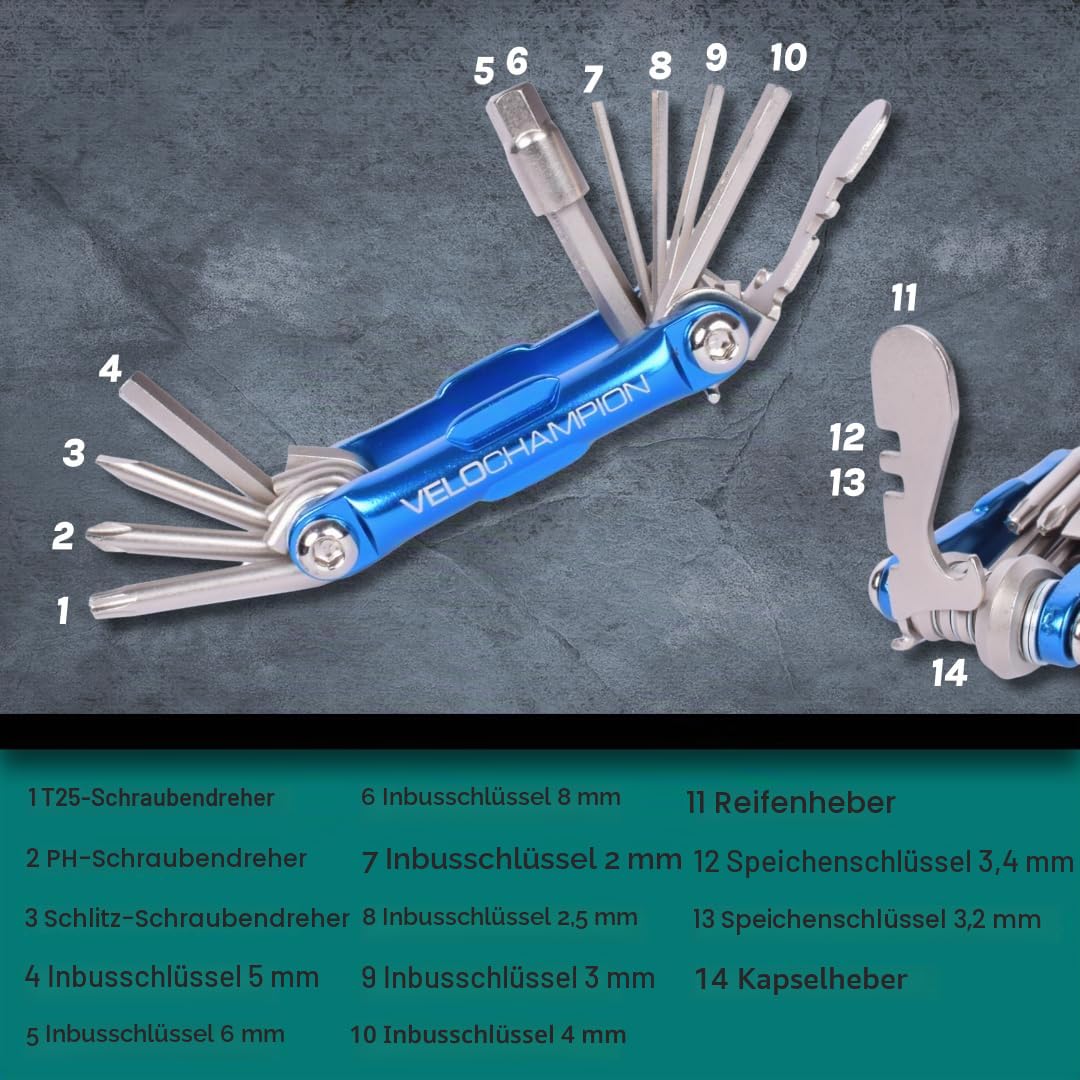 VeloChampion Fahrrad-Multitool 14in1 kompaktes Fahrradreparaturset | Inbus-Schlüssel, Speichenschlüssel, Schraubendreher, Reifenheber, Flaschenöffner | Tragbares Fahrradwerkzeug + Aufbewahrungstasche