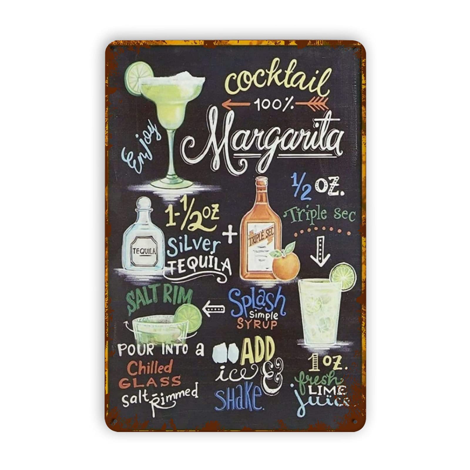 Targa In Lamiera Vintage 20x30 Cm Con Ricetta Del Cocktail Margarita - Poster Retrò Per Decorazione Parete Bar, Cucina, Garage, Man Cave