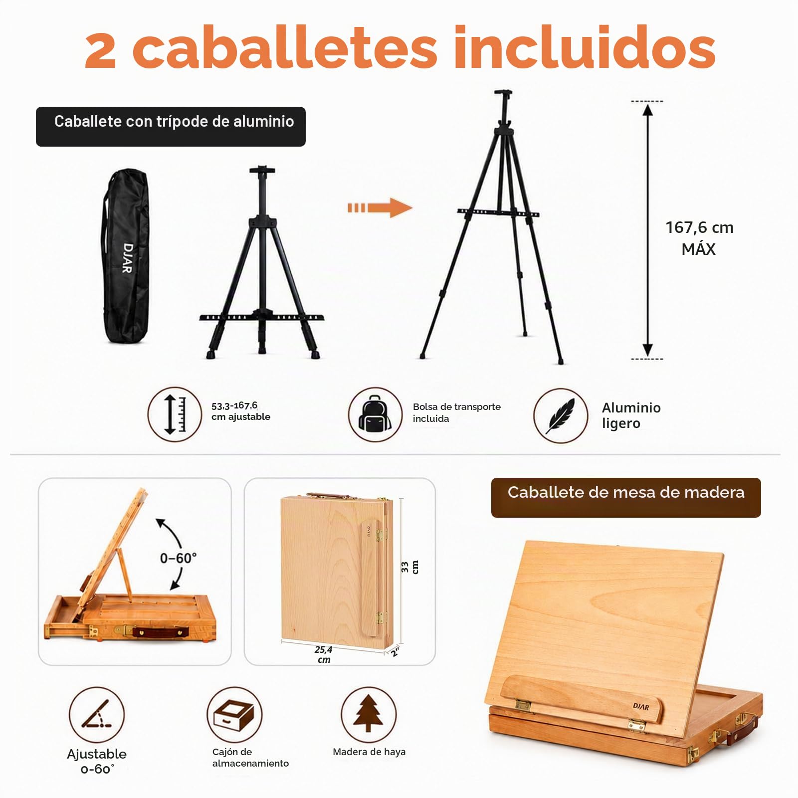 DJAR Set de Pintura Completo 174 Piezas con Caballete de Mesa, Kit Definitivo de Acrílico, Acuarela y Óleo, 96 Colores para Principiantes, Profesionales y Artistas