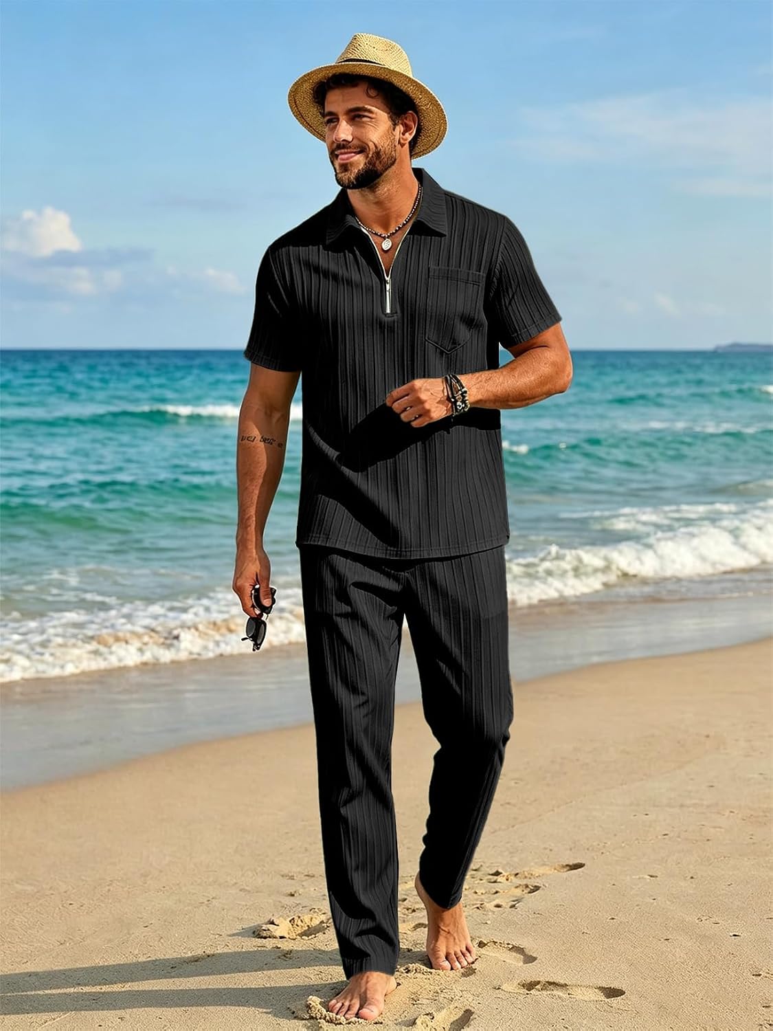 Mens Summer Beach Outfits 2 Piece Casual Quarter Zip Short Sleeve Vertical Stripe Shirt and Loose Pants Set