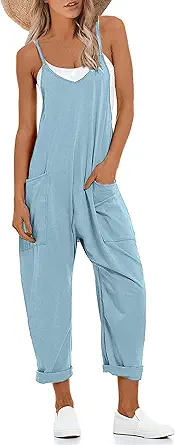  Women's Causal Jumpsuits V Neck Sleeveless Harem Overalls Stretchy Adjustable Strap Romper with Pockets