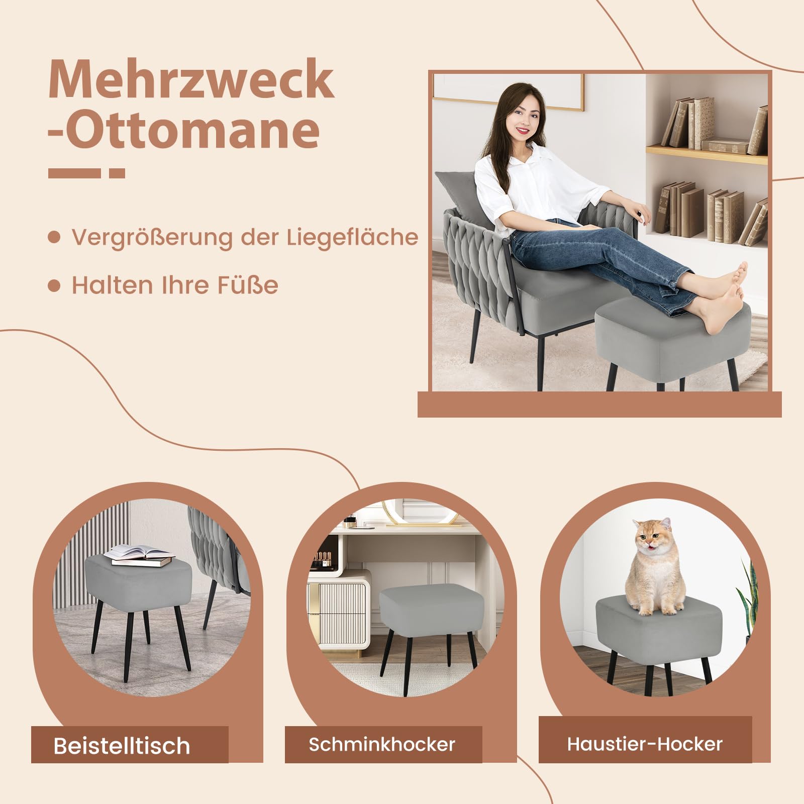 COSTWAY Fotel z Uszami i Taboretem, z Miękką Poduszką, Plecione Oparcie, Podłokietniki i Metalowe Nogę, Fotel do Czytania i Telewizji, Relaksacyjny dla Salonu i Sypialni, Głębokość