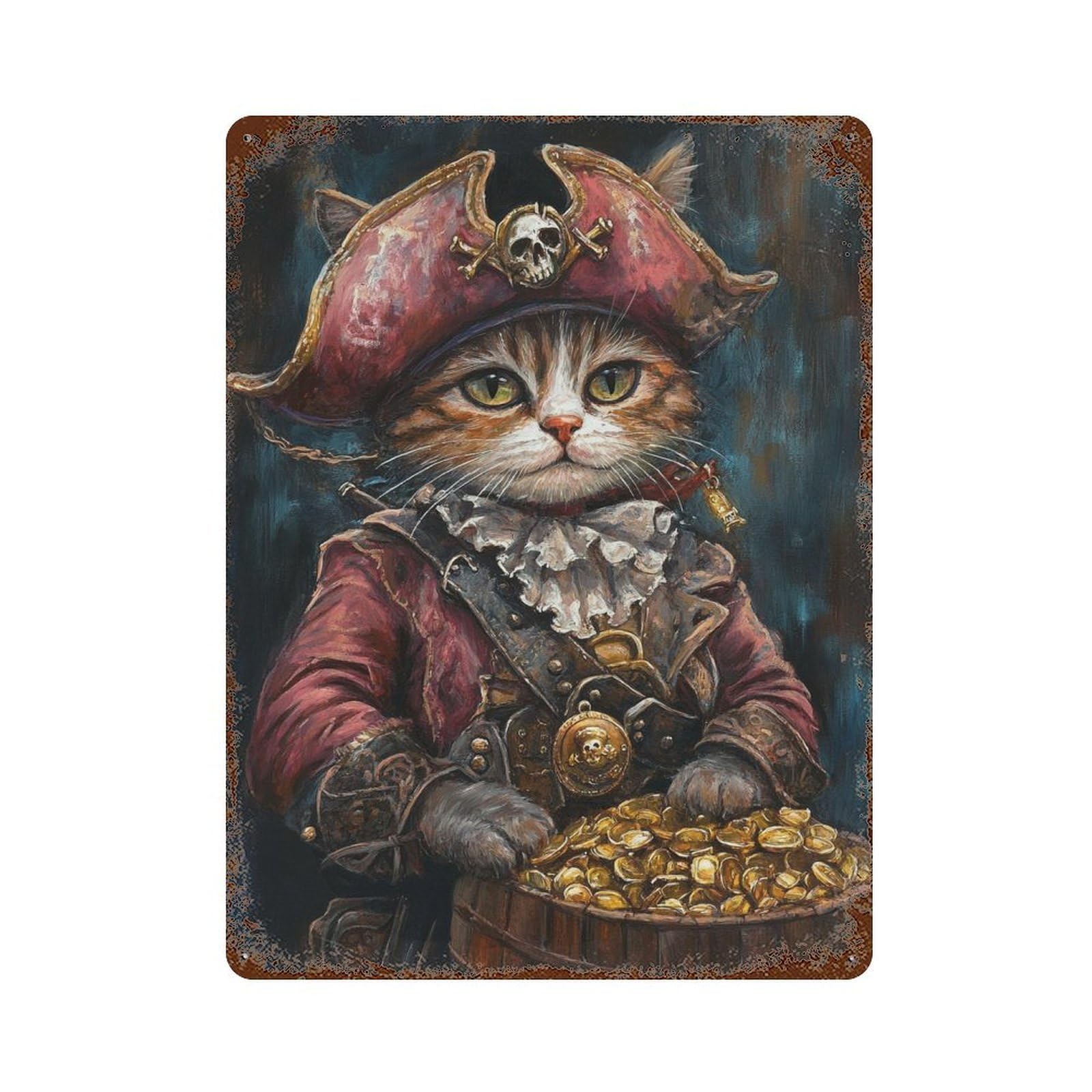 Pirate Cat with Treasure Chest-3 15.7"x11.8" Distressed Metal Wall Sign, Shabby Chic Decor for Shed, Workshop And Garage Wall Decor