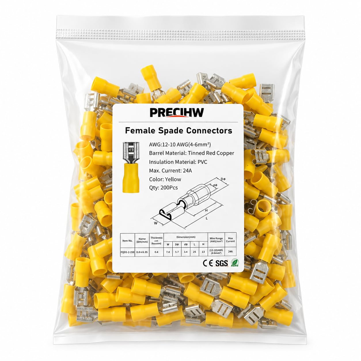 200 Pcs Yellow Female Quick Disconnect Spade Wire Connectors,12-10 AWG (6.3mm) Electrical Crimp Terminal