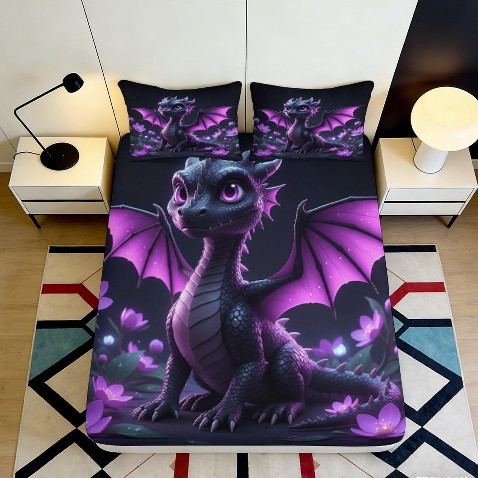 3D Printed Purple Dragon Fitted Sheet Microfiber Soft Anti-Slip Fantasy Winged Bed Cover for Bedroom Dorm Protection Decor 90x200x25cm
