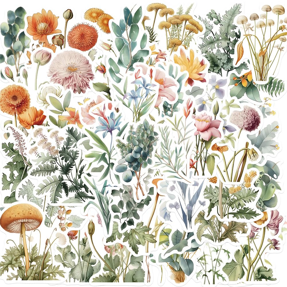 50-Pack Pastel Floral Botanical Stickers - Nature Flower Plant Stickers for Scrapbooking, Journals, Water Bottles, Laptops