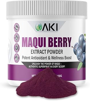 AKI Maqui Berry Extract Powder Wild Harvested from Patagonia, High in Anthocyanins & Polyphenols, Freeze-Dried Superfruit for Smoothies, Non-GMO, Vegan, 150g/ 5.3 oz