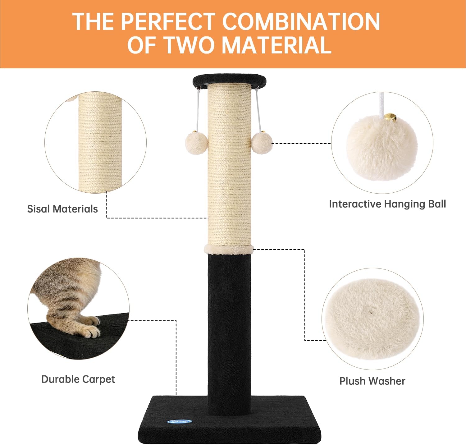 34-Inch Tall Cat Scratching Post, Komicoll Large Carpet Scratch Post, Sisal Cat Scratcher, Sturdy and Durable Cat Post with Hanging Ball for Indoor Cats