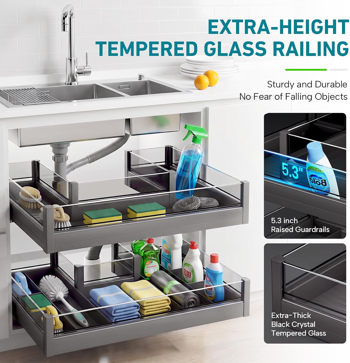 Under Sink Organizer Pull Out for 36 Inch Cabinet, U-Shaped Slide Out Drawers Fit Around Pipes & Garbage Disposal, Aluminum Kitchen & Bathroom Storage with Soft Close (36" - Wide U-Shape)