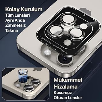 Minesk iPhone 15 Pro - 15 Pro Max / 14Pro - 14ProMax Modellerinin Tümüne Uyumlu Alüminyum Alaşım Çerçeveli ve 9H Sertliğinde Temperli Camlı Lens Koruyucu (Safir Natural Titanyum)