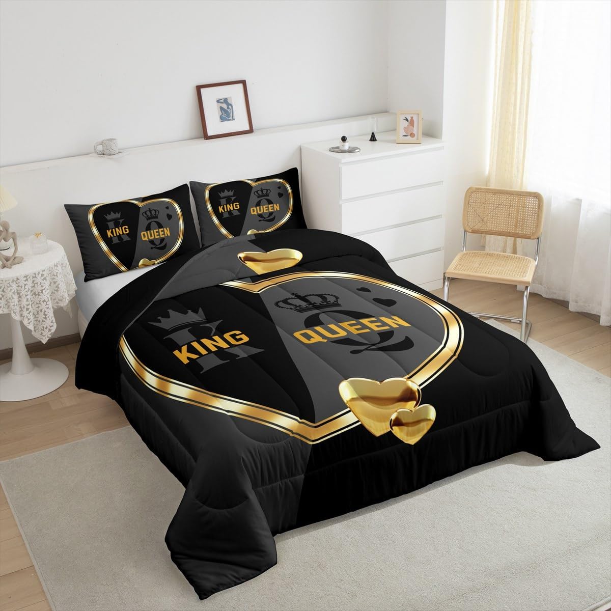 Erosebridal King and Queen Crown Comforter Set Romantic Gold White Loving Heart Full Bed Set,Couple Lover Gray and Black Comforter,Wedding Duvet Insert for Adults Men Women Bedroom Decor