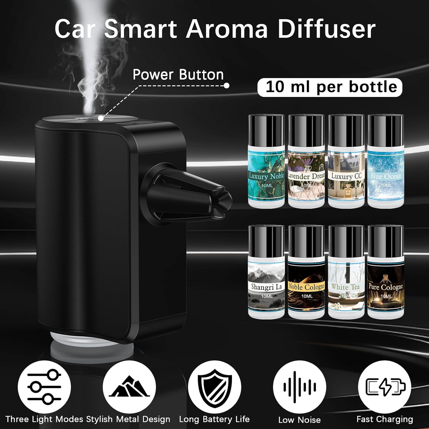 Smart Car Air Freshener, Car Air Freshener Diffuser with 3 Adjustable Modes, Rechargeable Aromatizante para Carro with 8pcs Essential Oil, Long-Lasting, Black