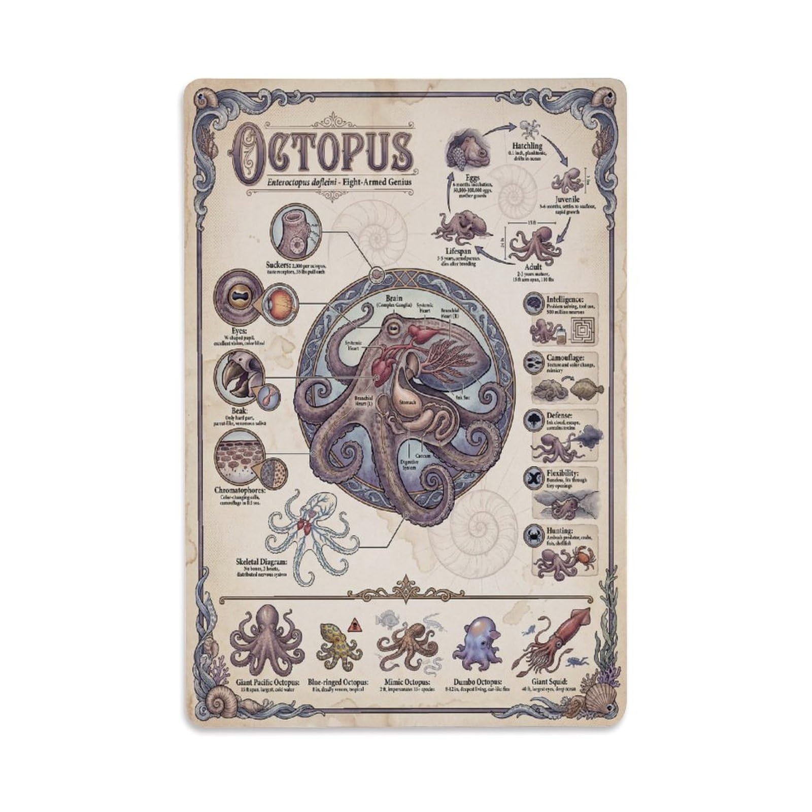 Natural History Kids Animal Guide Octopus Anatomy Sci Inf Metal Tin Sign Plaque Wall Decor for Cafe, Man Cave, Club Bar, Office, Home Garden Round Metal Poster 8x12Inch
