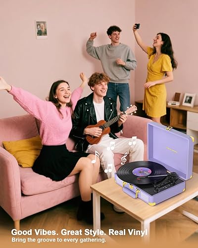Miniatura 4 de Tocadiscos de vinilo Bluetooth con altavoces integrados, transmisión por correa de 3 velocidades, reproducción y grabación USB, regalo retro