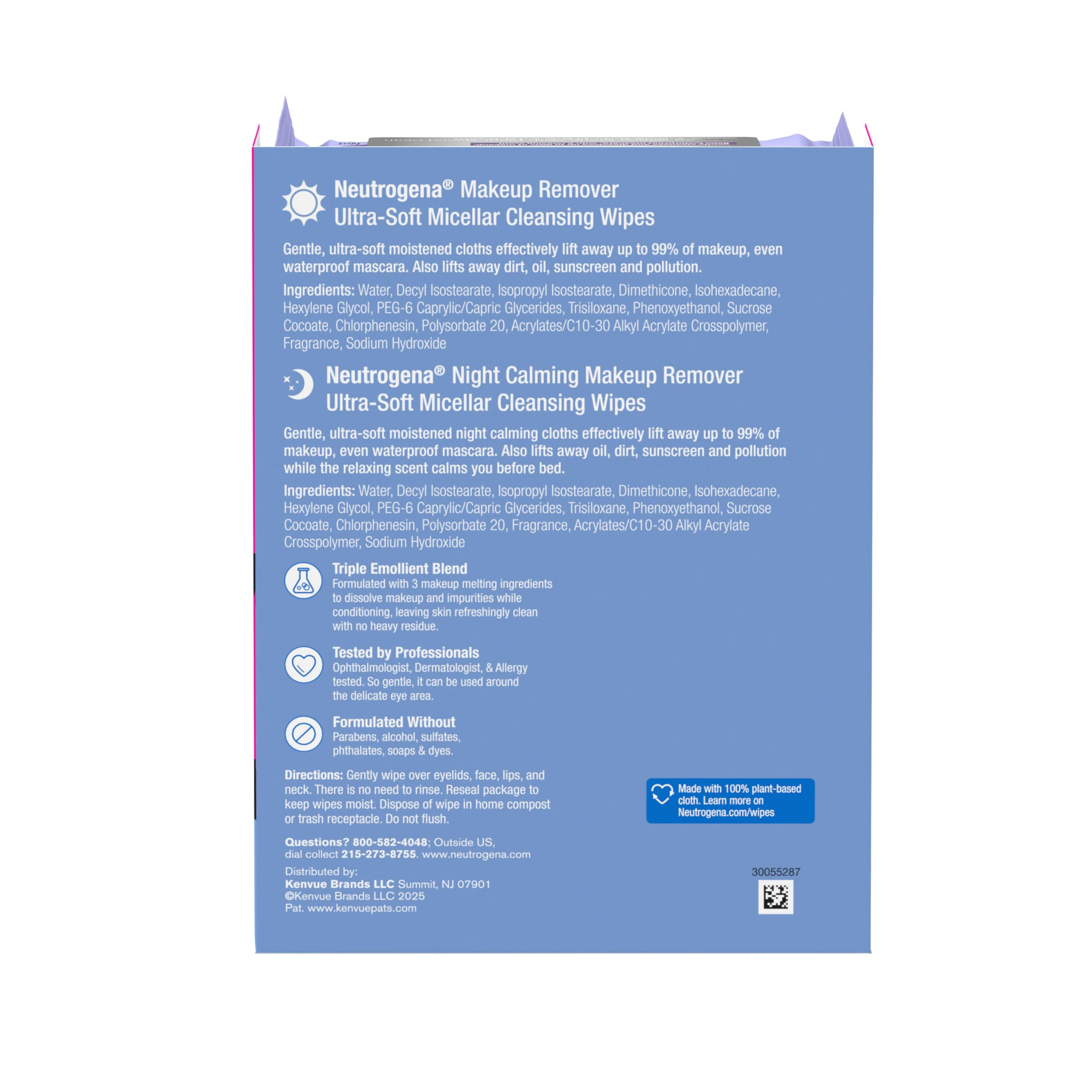 Neutrogena Day & Night Facial Cleansing Wipes, Makeup Remover Face Cleansing Towelettes & Night Calming Facial Cloths, 100% Plant Based Fibers Wipe Away Dirt & Oil, (3 Packs of 25)