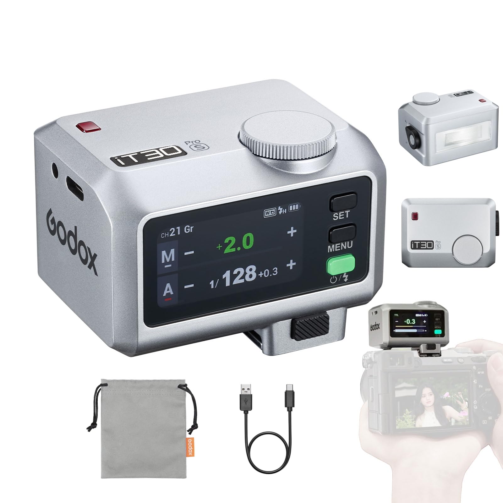 GODOX iT30Pro S TTL lampa błyskowa GN15 Speedlite 560, liczba błysków 1,5 s, czas ładowania 1/8000 s, HSS wbudowany dyfuzor do kamer Sony (srebrny)