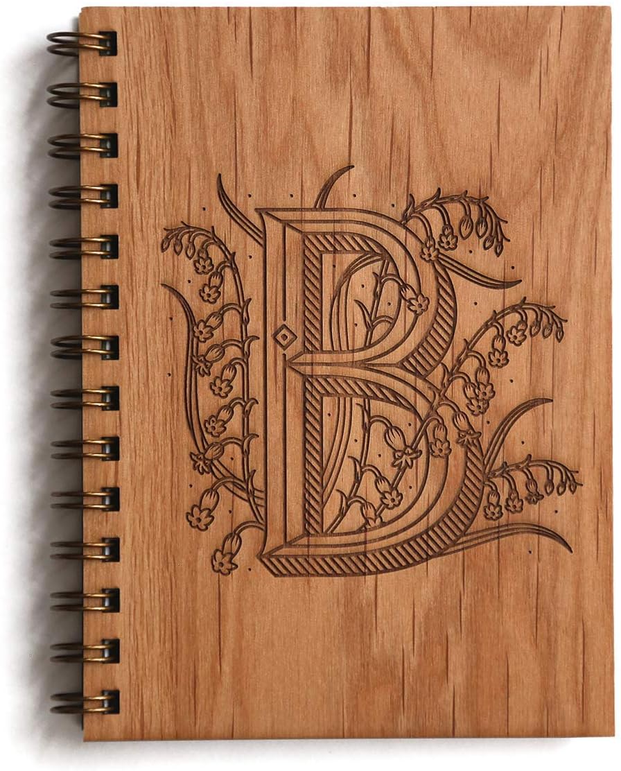 Floral Monogram B Wood Journal - Other Letters Available [Notebook, Sketchbook, Spiral Bound, Blank Pages]