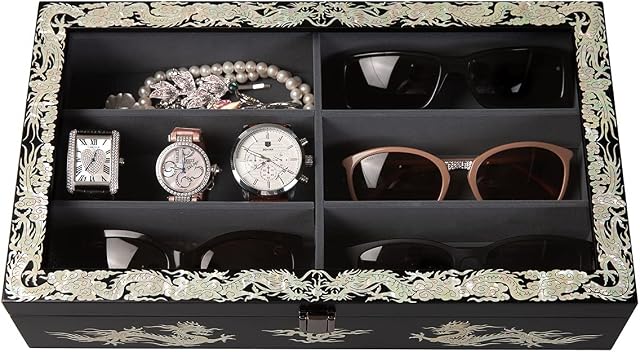 Antique Alive Mother of Pearl Handmade Wood Sunglasses Box Eyeglasses Valet Display Storage Case Glasses Watches Jewelry Trinkets Accessory Organizer Gift (Dragon Black)