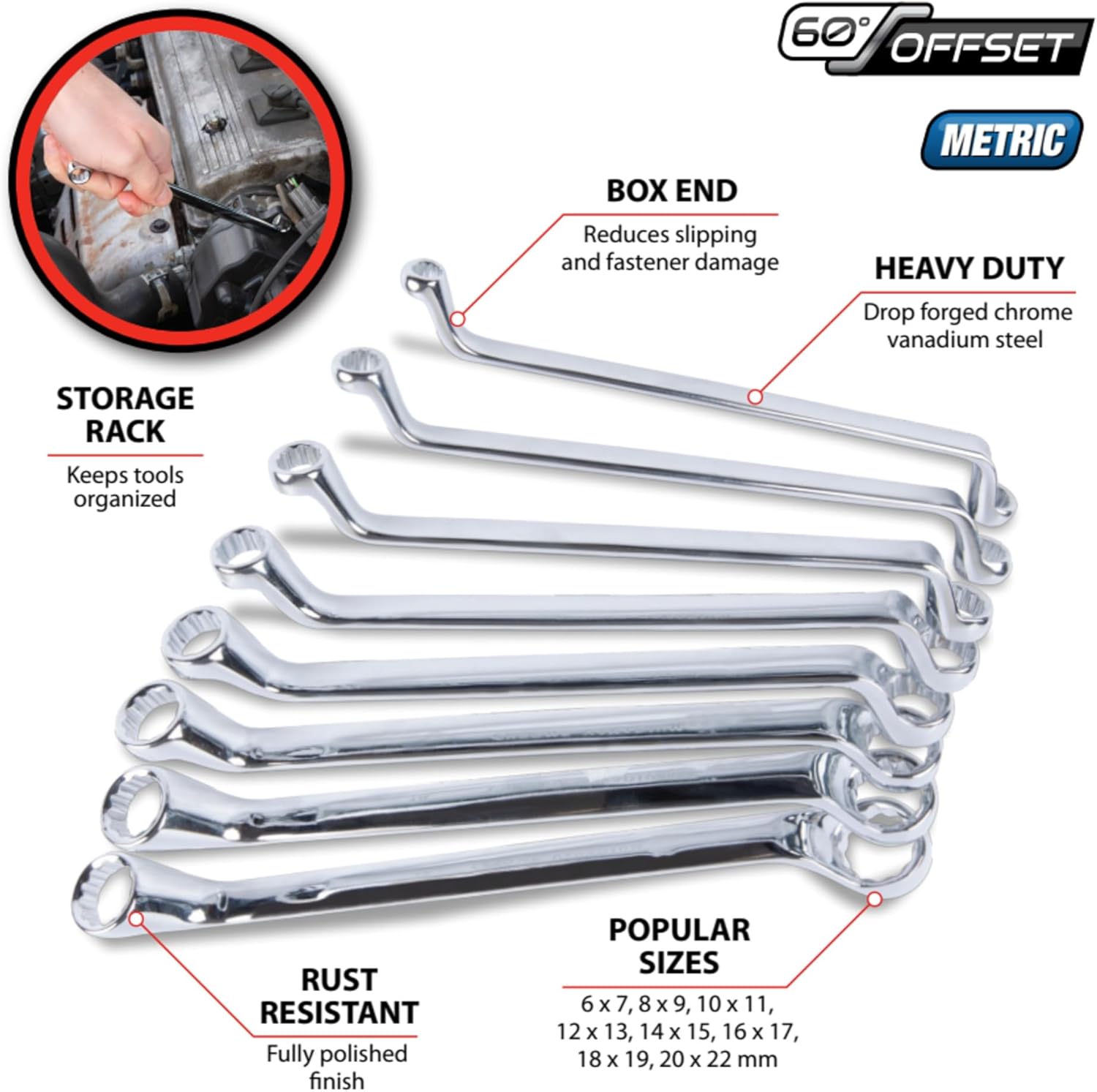 Performance Tool W1086 8Pc Offset Metric Box Wrench Set - Heavy-Duty Chrome Vanadium Steel Construction for Efficient Mechanics and DIY Enthusiasts